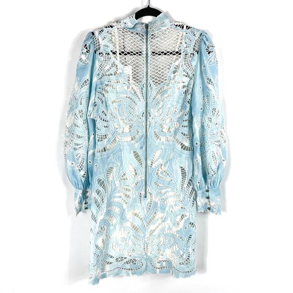 Karen Millen Paisley Lace Cutwork Dress Blue Mini Long Sleeve Sz 10 US - Picture 10 of 15